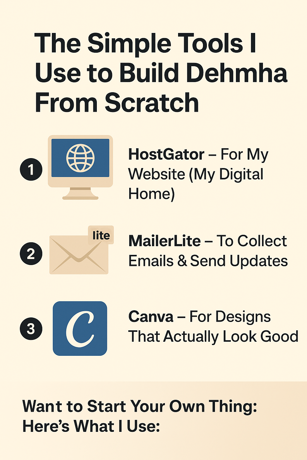 <article>   <h1>The Simple Tools I Use to Build Dehmha From Scratch</h1>