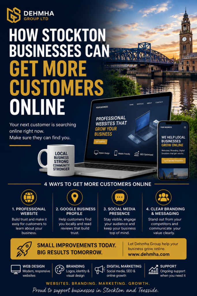 How Stockton Businesses Can Get More Customers Online – Dehmha Group digital marketing graphic