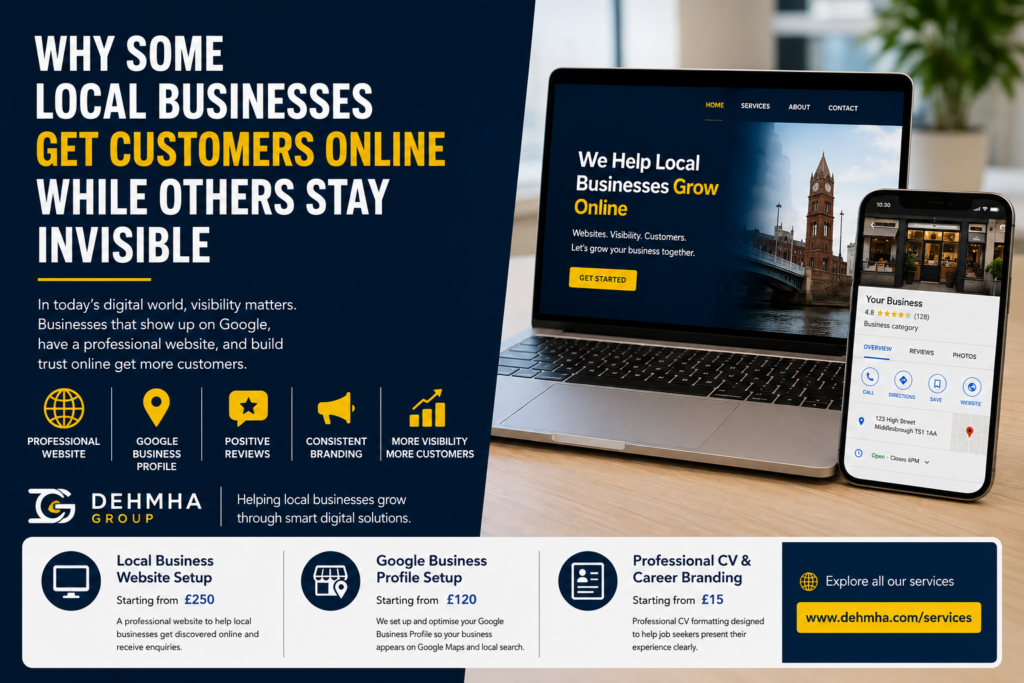 Why Some Local Businesses Get Customers Online While Others Stay Invisible – Dehmha Group digital marketing graphic
